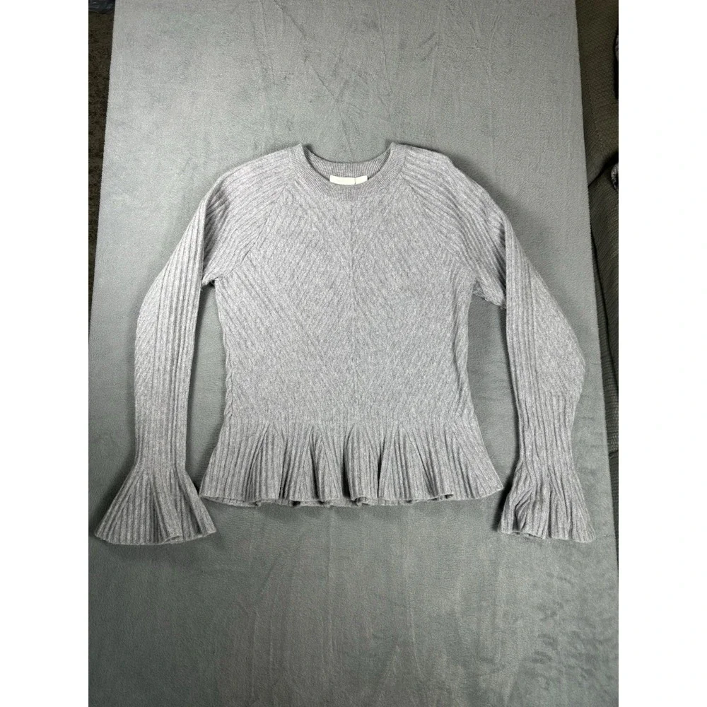 Jonathan Simkhai Gray Ribbed Wool Cashmere Bell Sleeve Peplum Sweater Medium